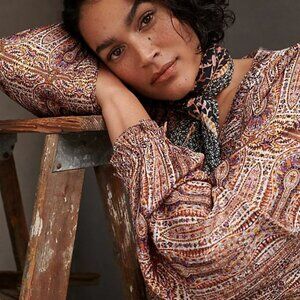 Anthropologie Boho Sabia Flounced Drop Waist V-Neck Tunic Dress 3X